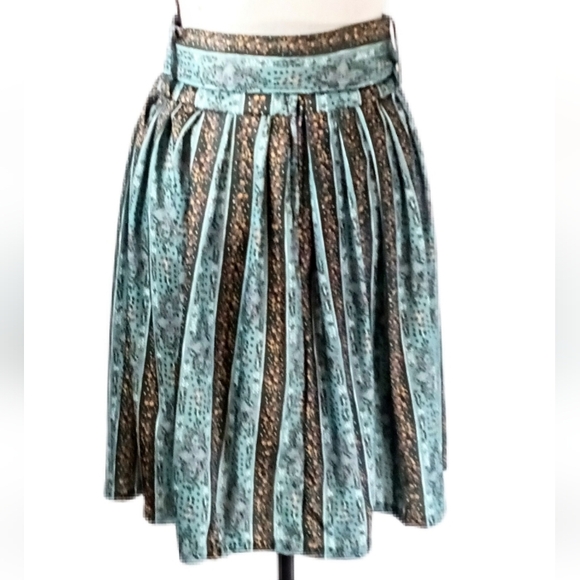 Vintage 60s 70s :: Handmade Women's Belted Floral Striped Green Silky Skirt - Picture 3 of 5